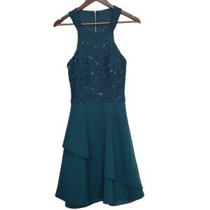 Xtraordinary Forest Emerald Green Floral Sequin Junior Sz 13 Ruffle Prom Dress